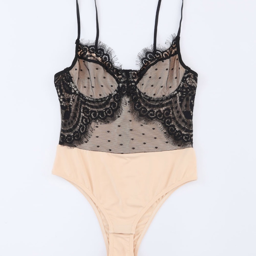 Black Eyelash Lace Trim Dotty Mesh Bodysuit - Picture 6 of 8